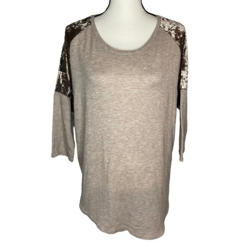Bobeau Brown Top Crushed Velvet Shoulder Detail Three Quarter Sleeve Size Large
